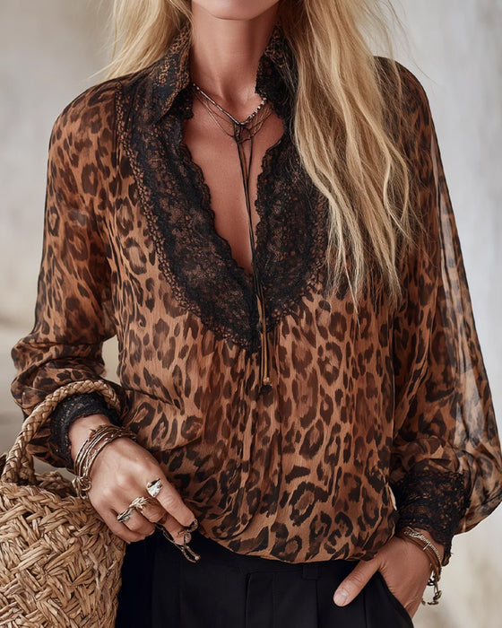 V-Neck Leopard Long Sleeve Blouse