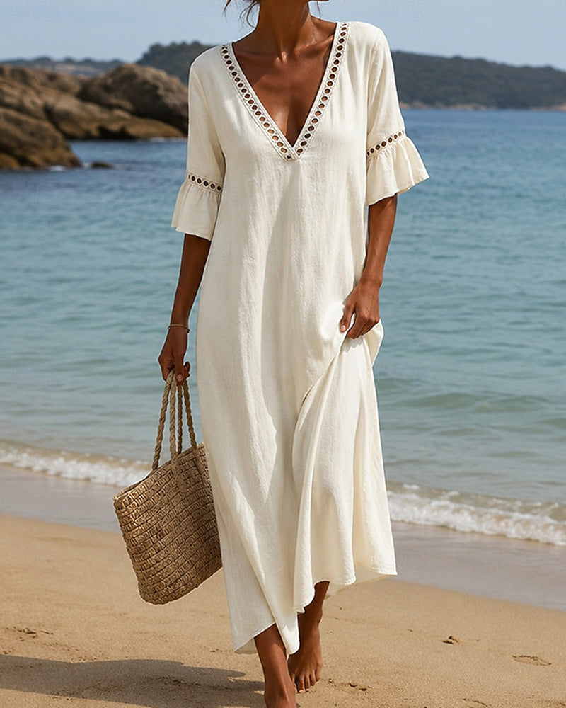 Deep V Ruffle Sleeve Hollow Lace Dress
