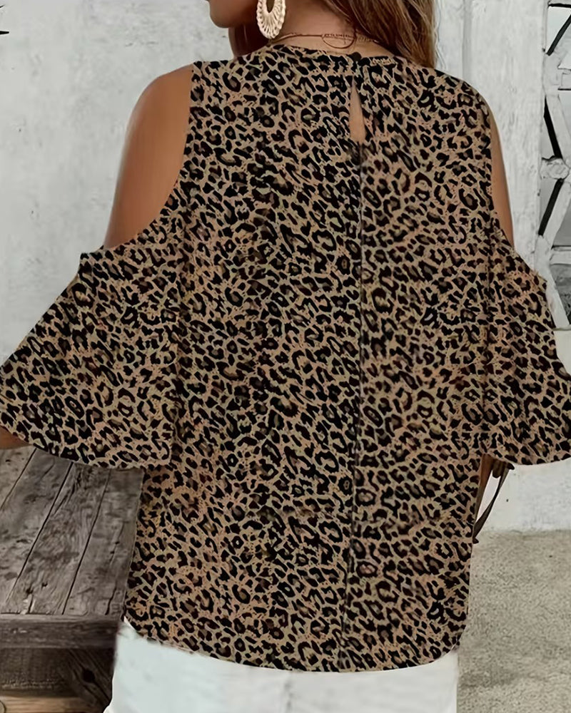 Leopard Print Cold Shoulder Fashion Blouse