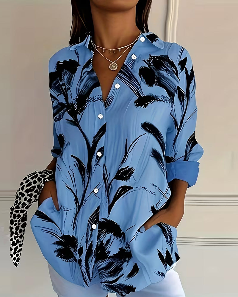Ink Wash Floral Print Long-Sleeved Shirt