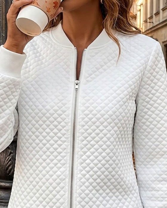 Diamond Quilted Stand Collar Zipper Coat