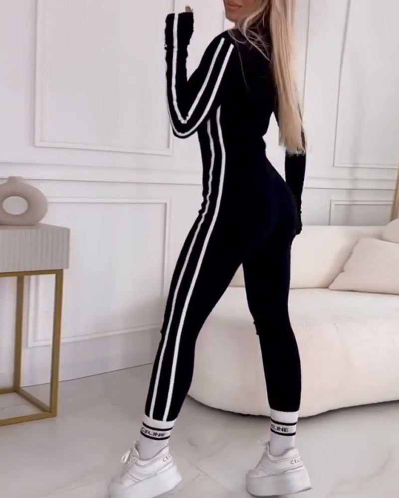 Casual sports striped tights and slimming jumpsuit