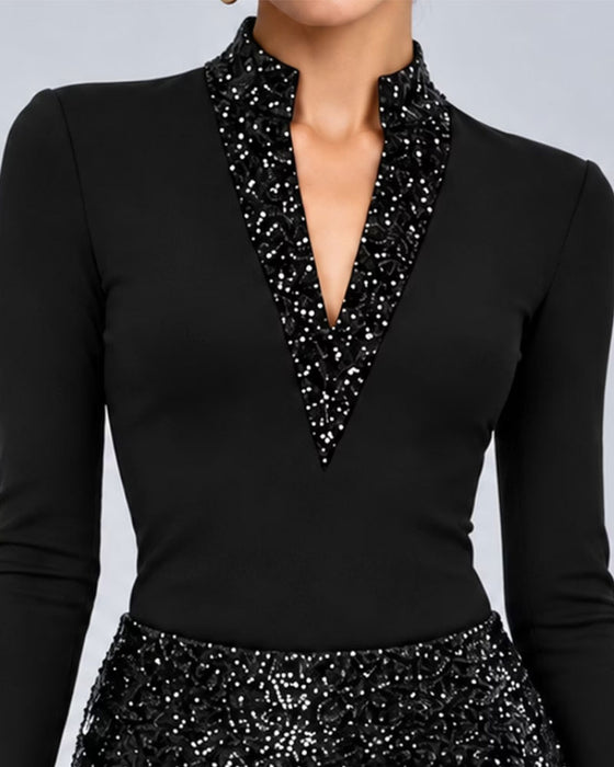 V-Neck Solid Color Slim Long-Sleeved Top