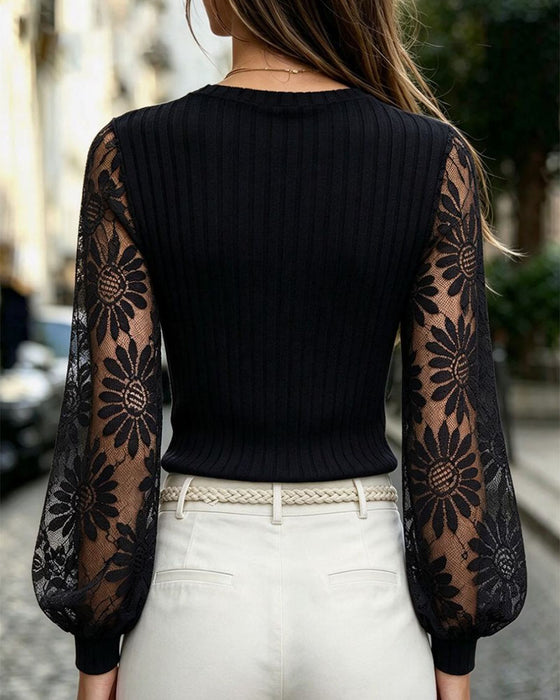 V-Neck Long-Sleeved Lace Patchwork Top