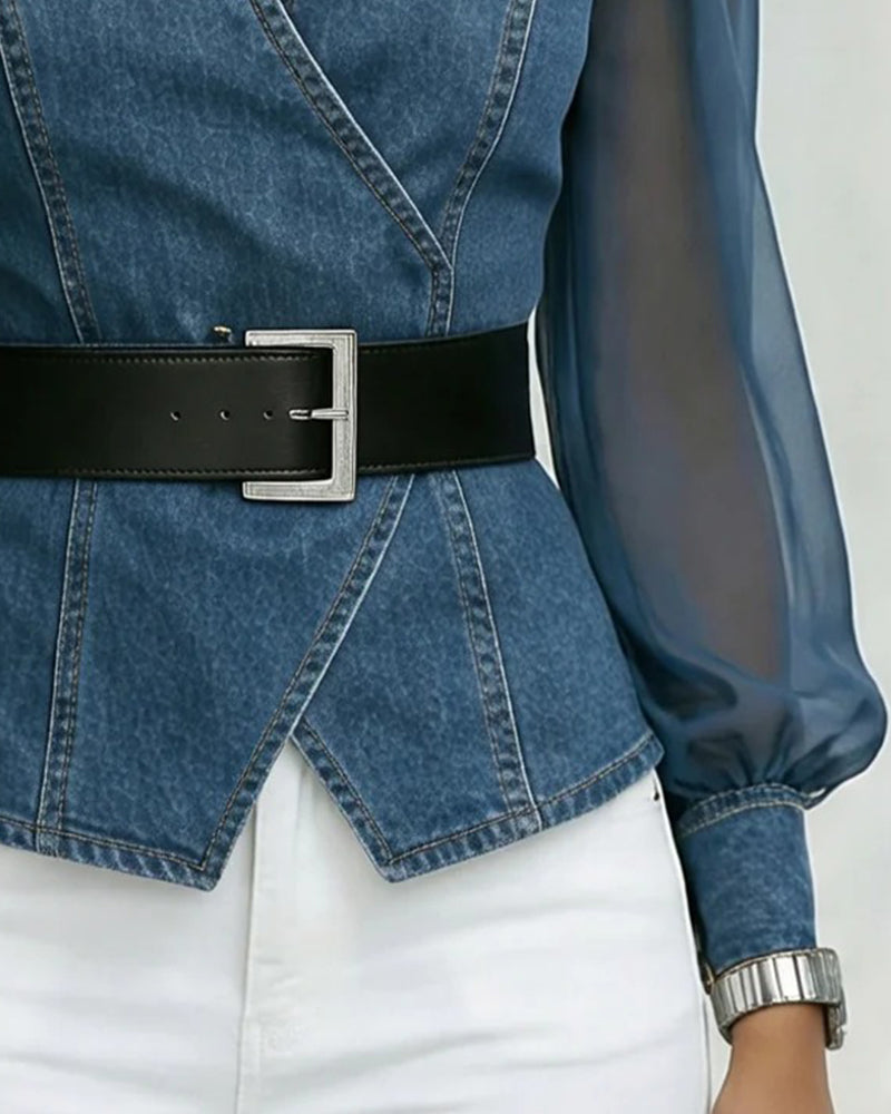 Elegant Mesh Denim Blouse