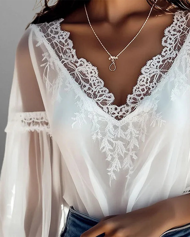 V-Neck Lace-Paneled Stylish Blouse