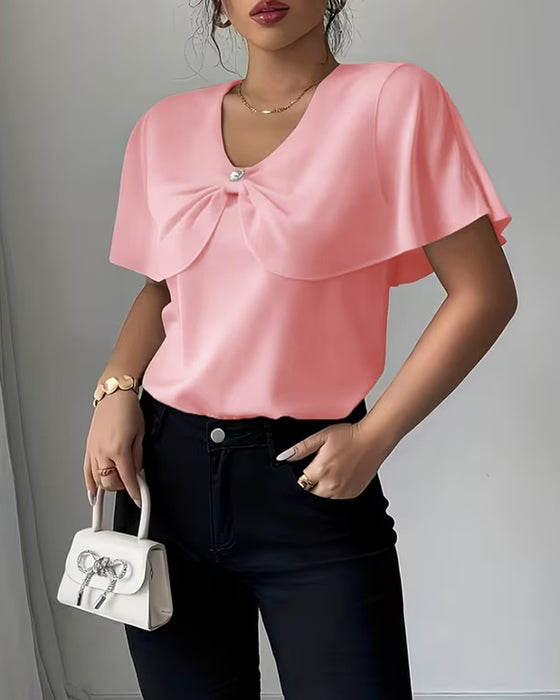 Solid Color Bow V-Neck Blouse