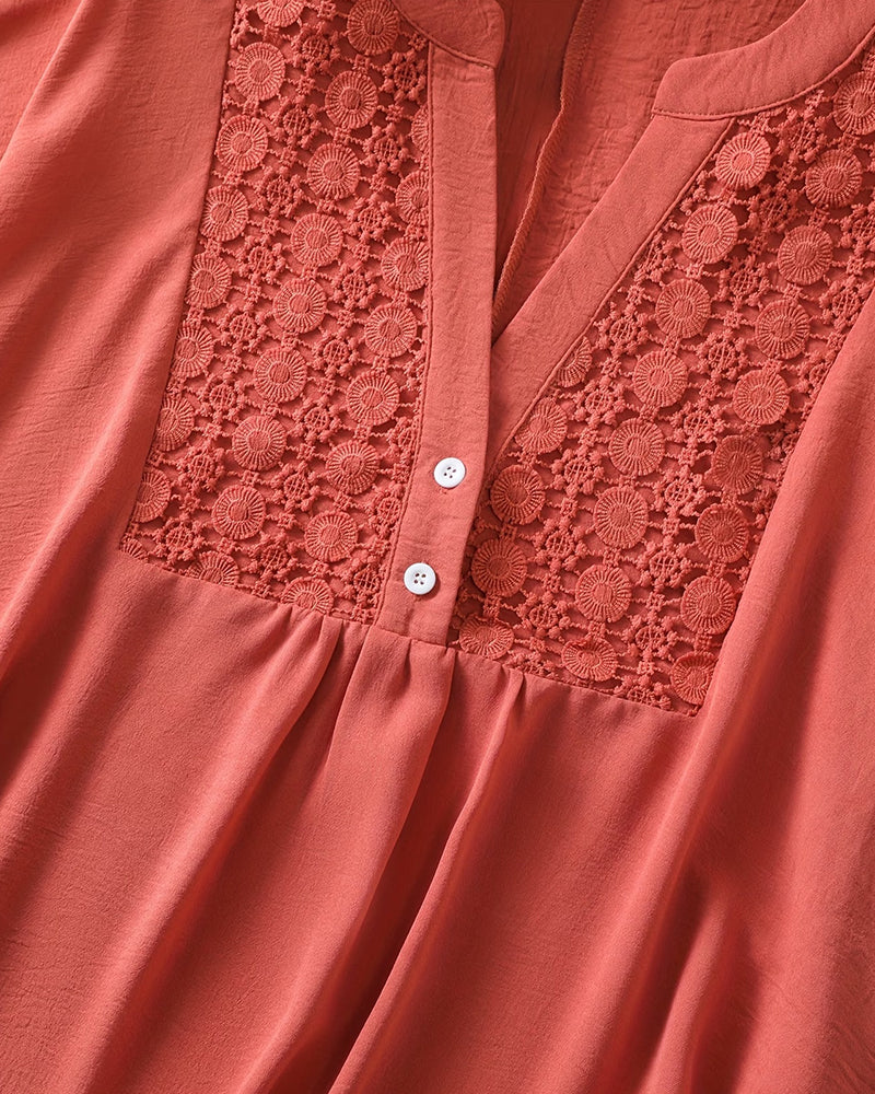Lace Panel V-Neck Short Sleeve Blouse