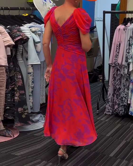 Pleated slit printed dress