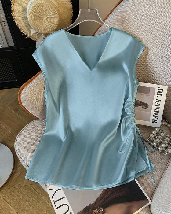 V-Neck Drawstring Sleeveless Blouse