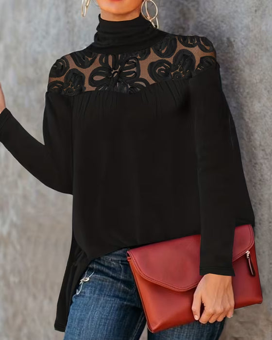 Turtleneck Shirred Floral Blouse