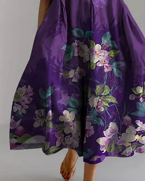 Crew Neck Purple Floral Dress