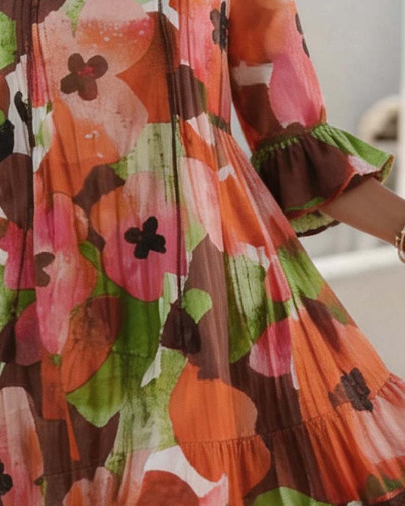 V-Neck Printed Three-Quarter Sleeve Dress