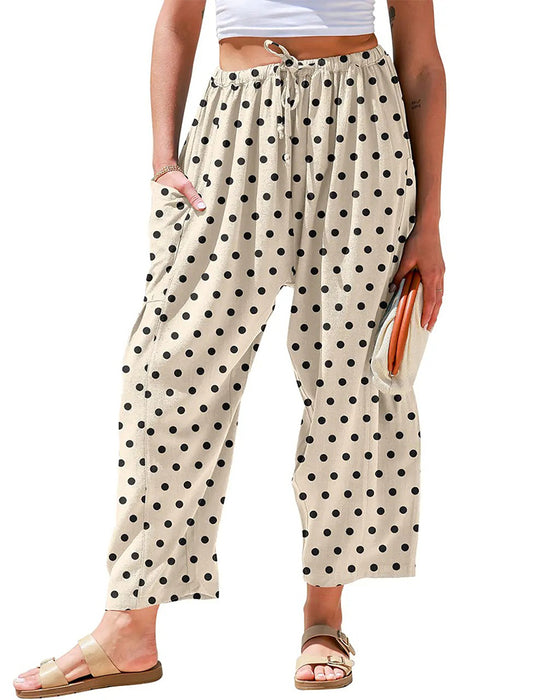 Drawstring Polka Dot Pocket Wide-Leg Cropped Pants
