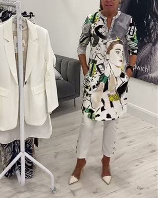 Character print button casual long top