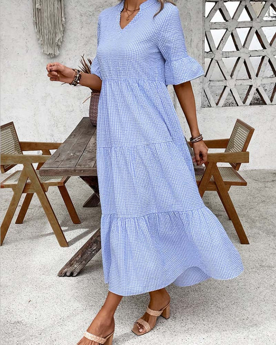 Blue White Gingham V-Neck Dress