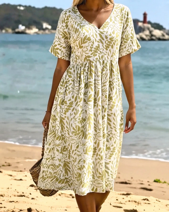 Green Leaf Print V-Neck Dress
