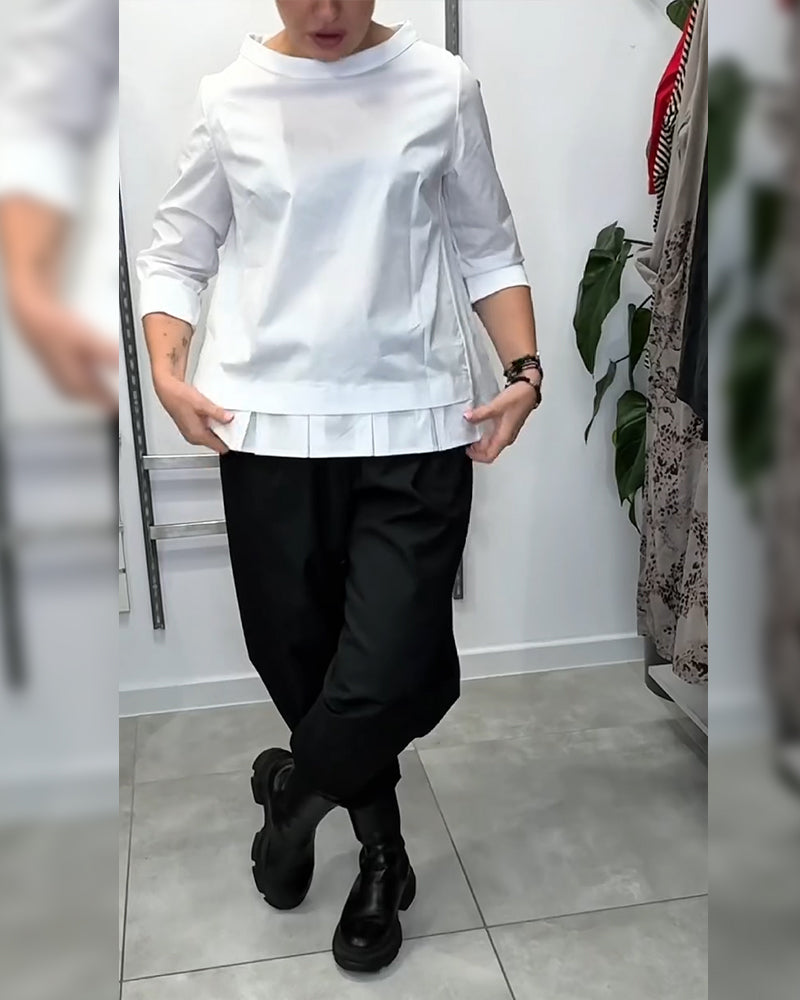 Wide-Collar Solid Color Casual Blouse