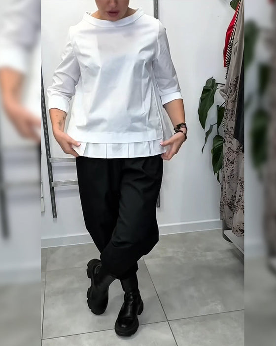 100% Cotton Wide-Collar Solid Color Casual Blouse