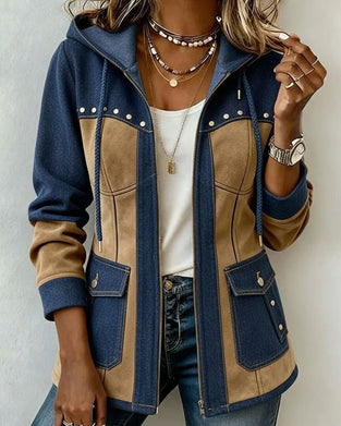 Hooded Zip Denim Patchwork Coat