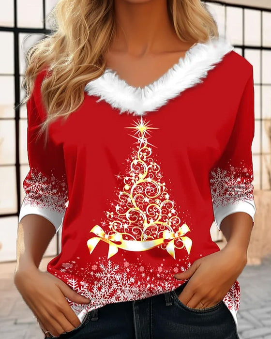 Plush v-neck christmas tree print top