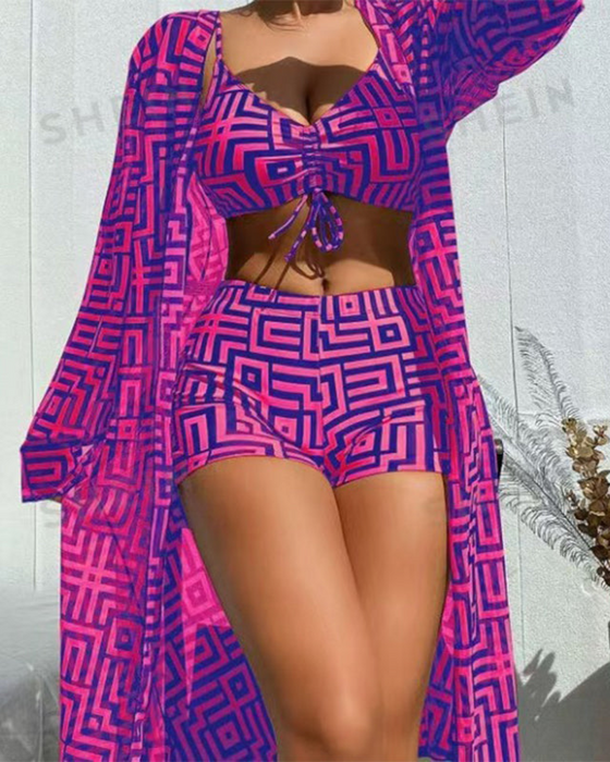 Flat-Front Bikini Three-Piece Set