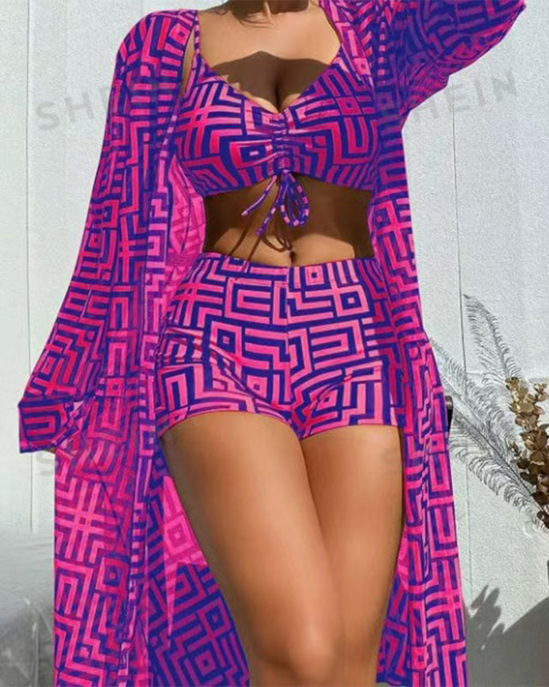 Flat-Front Bikini Three-Piece Set