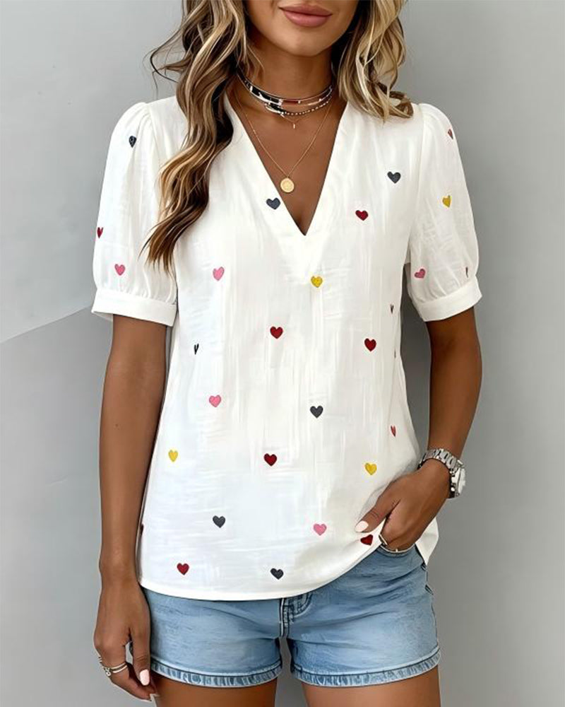 Heart Short Sleeve V-Neck Top