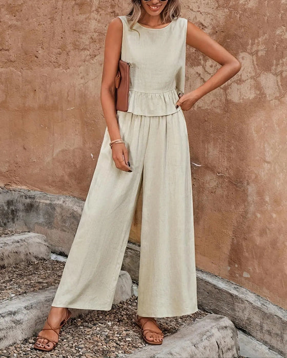 Sleeveless Round Neck Ruffle Wide Leg Set