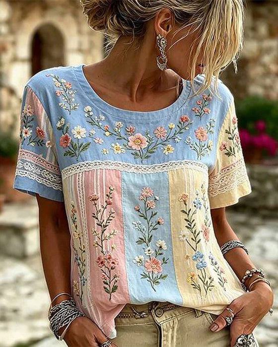 Crew Neck Patchwork Floral Blouse