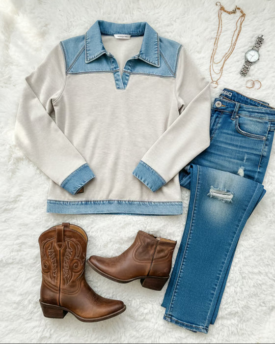 Fashionable Lapel Color Block Spliced Sweatshirt