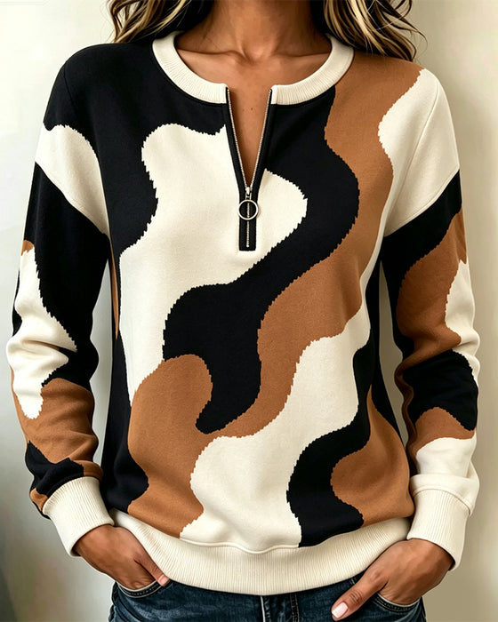 Color Block Zipper Casual Sweatshirt