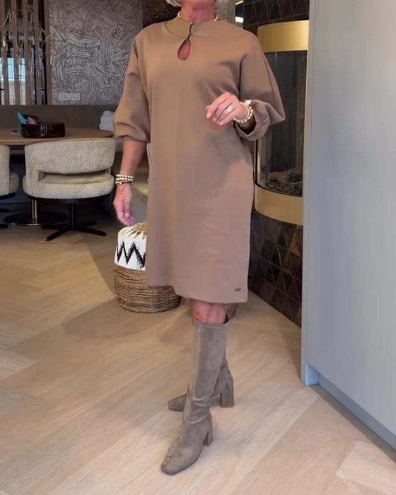 Mandarin Collar Lantern Sleeve Solid Dress