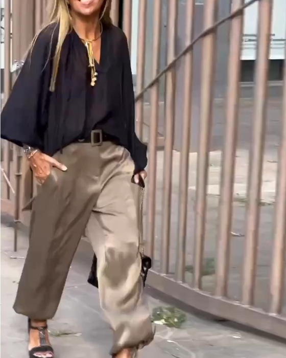 Loose solid color V-neck casual shirt