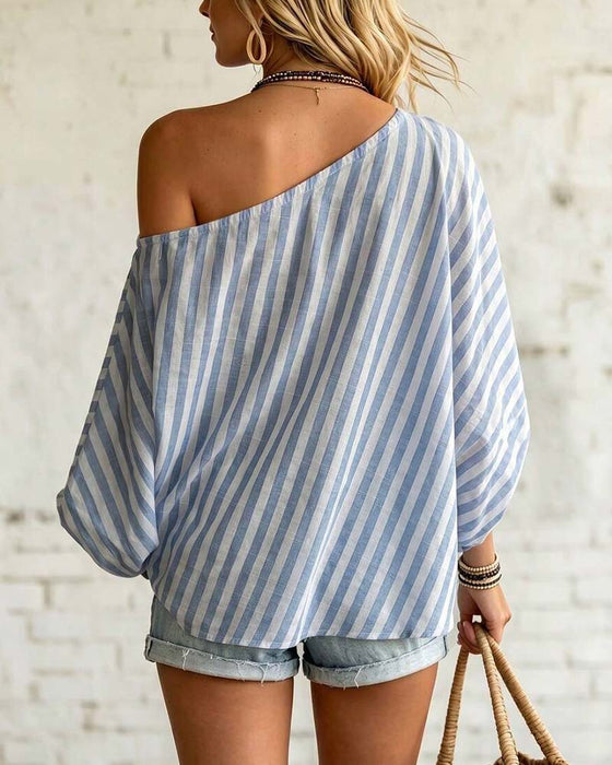 Asymmetric Neck Stripe Puff Sleeve Blouse