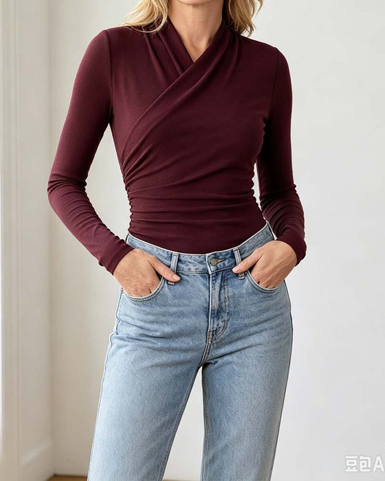 Cross V-neck Pleated Waist Long-sleeve Top