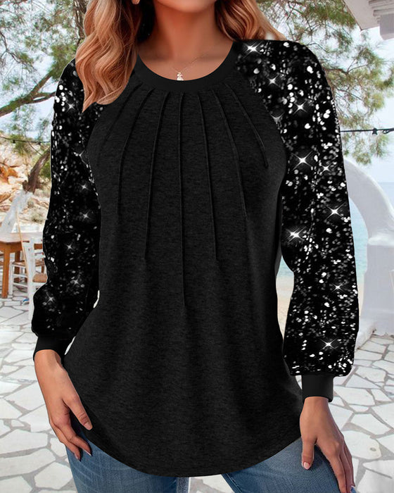 Lantern sleeve pleated sequined long sleeve top