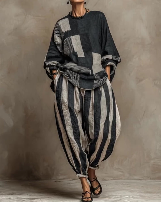 Casual Striped Round Neck Two-Piece Set