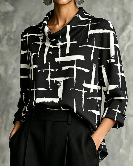 Mock Cowl Neck Cross Pattern Blouse
