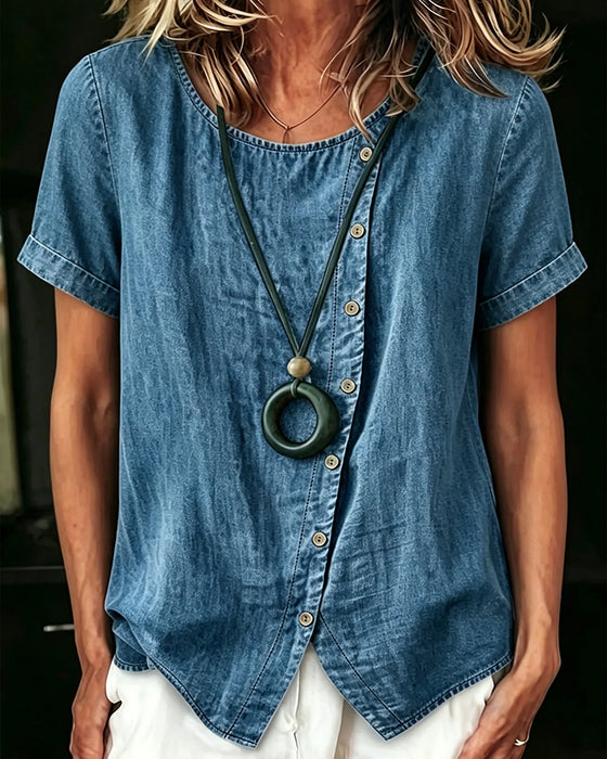 Asymmetrical Crew Neck Denim Blouse