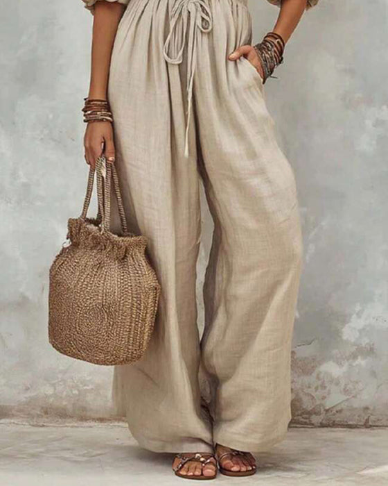 V-Neck Button Elastic Waist Puff Sleeve Jumpsuit