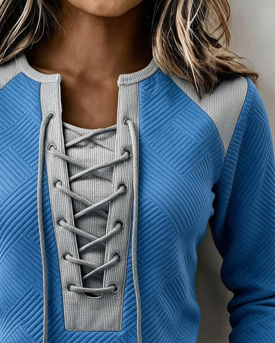 Lace-Up Ribbed Color-Block Slim-Fit Sweatshirt
