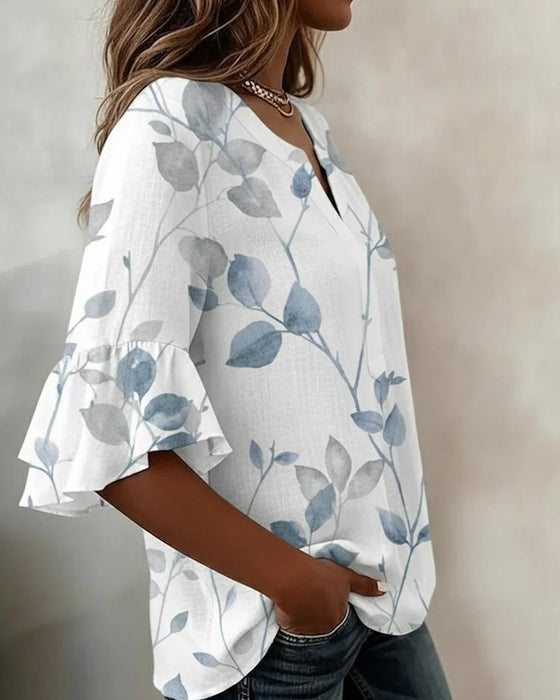 Flutter Flare Sleeve Leaf Print Blouse