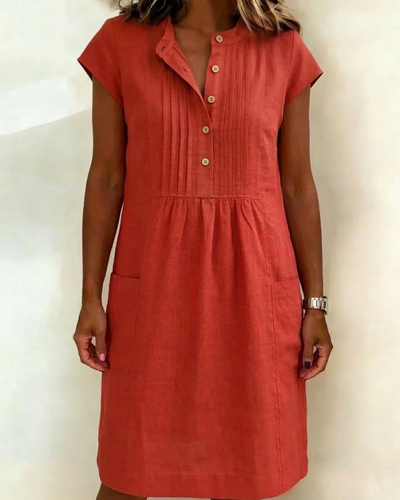 Cotton And Linen Stand Collar Short Sleeve Dress