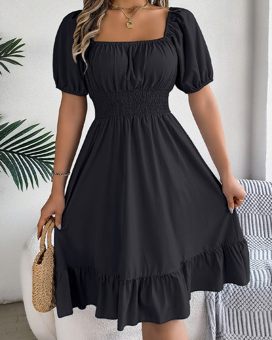 Square Neck Cinched Waist Ruffle A-Line Dress