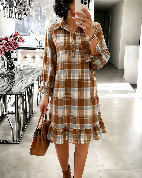 Lapel Button Plaid Dress
