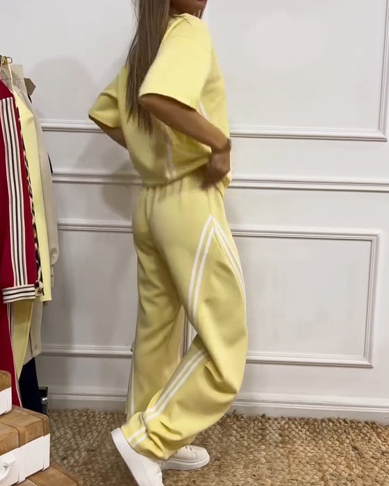 Athletic Stripe Trim Casual Two-Piece Set