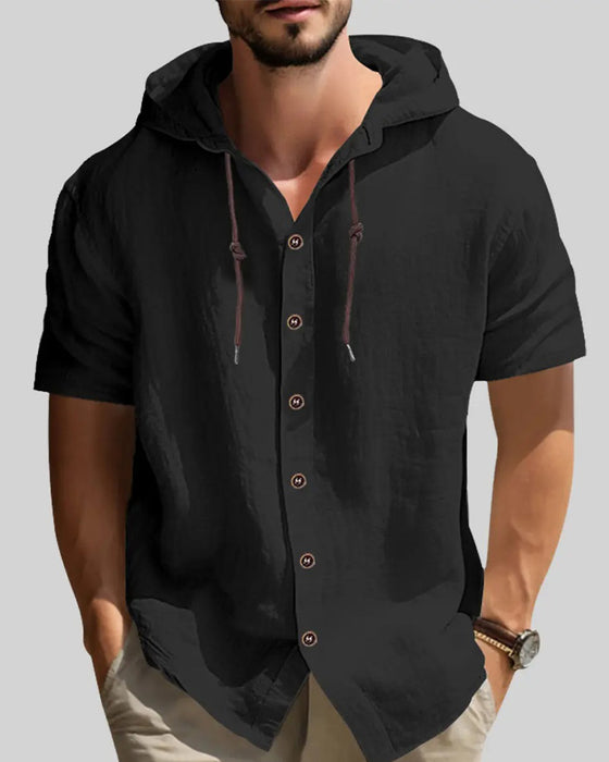 Button Drawstring Hooded Solid Men's Shirt