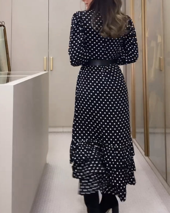 Fashionable polka dot button slit ruffle dress