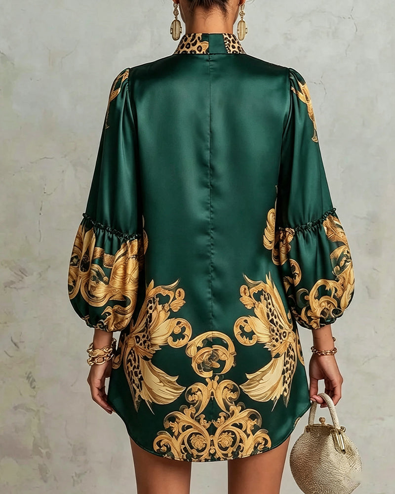 Leopard Lantern Sleeve Stand Collar Print Dress